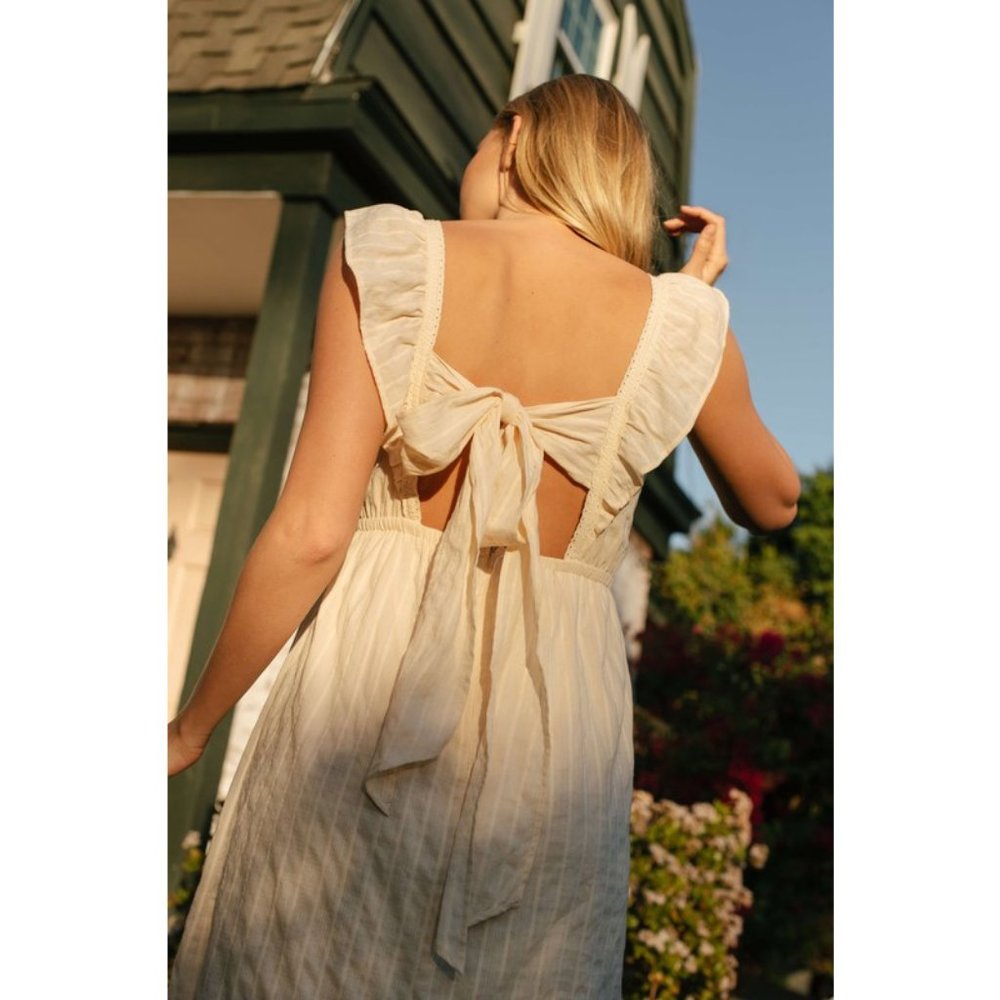 NEW Cream Apron Ruffle Square Neck Floral Embroidered Tie Back Cotton Midi Dress - Picture 3 of 12